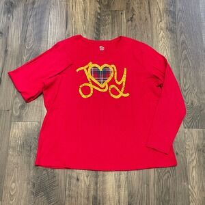 Kim Rogers Red Joy Plaid Heart Glitter Graphic Long Sleeve Top Plus Size 1X